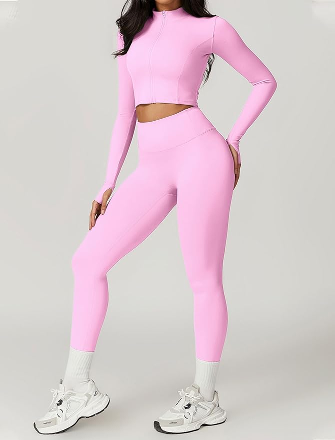 Workout Sets for Women 3 Piece High Waisted Seamless Leggings Crop Top Jacket Gym Yoga Outfit Stretchy Sports Bra Sets