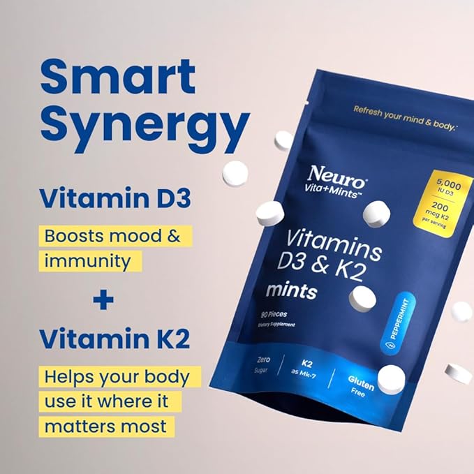 NeuroGum Vita-Mint D3+K2 Mints (Peppermint, 90 Pieces) | 5,000 IUS Vitamin D3 + 200mcg K2 | Sugar Free Bone, Immune & Mood Support