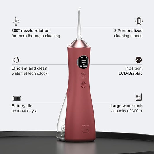 Water Dental Flosser for Teeth, Portable Cordless Water Flosser with 300ML Rechargeable with Type-C, IPX7 Waterproof Water Flossers for Adults with 3 Intensity Modes and 3 Flossing Tips