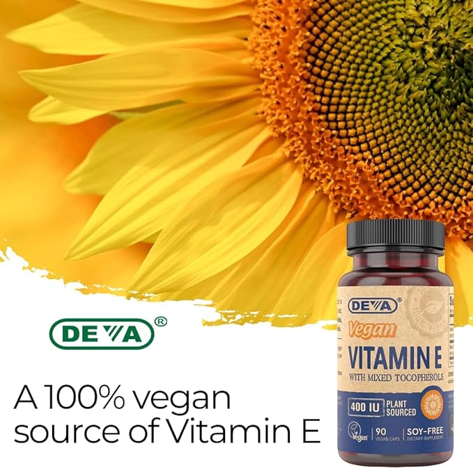 DEVA Vegan Natural Source Vitamin E 400IU with Mixed tocopherols, Soy-Free – 90 Veg Caps (Pack of 2)