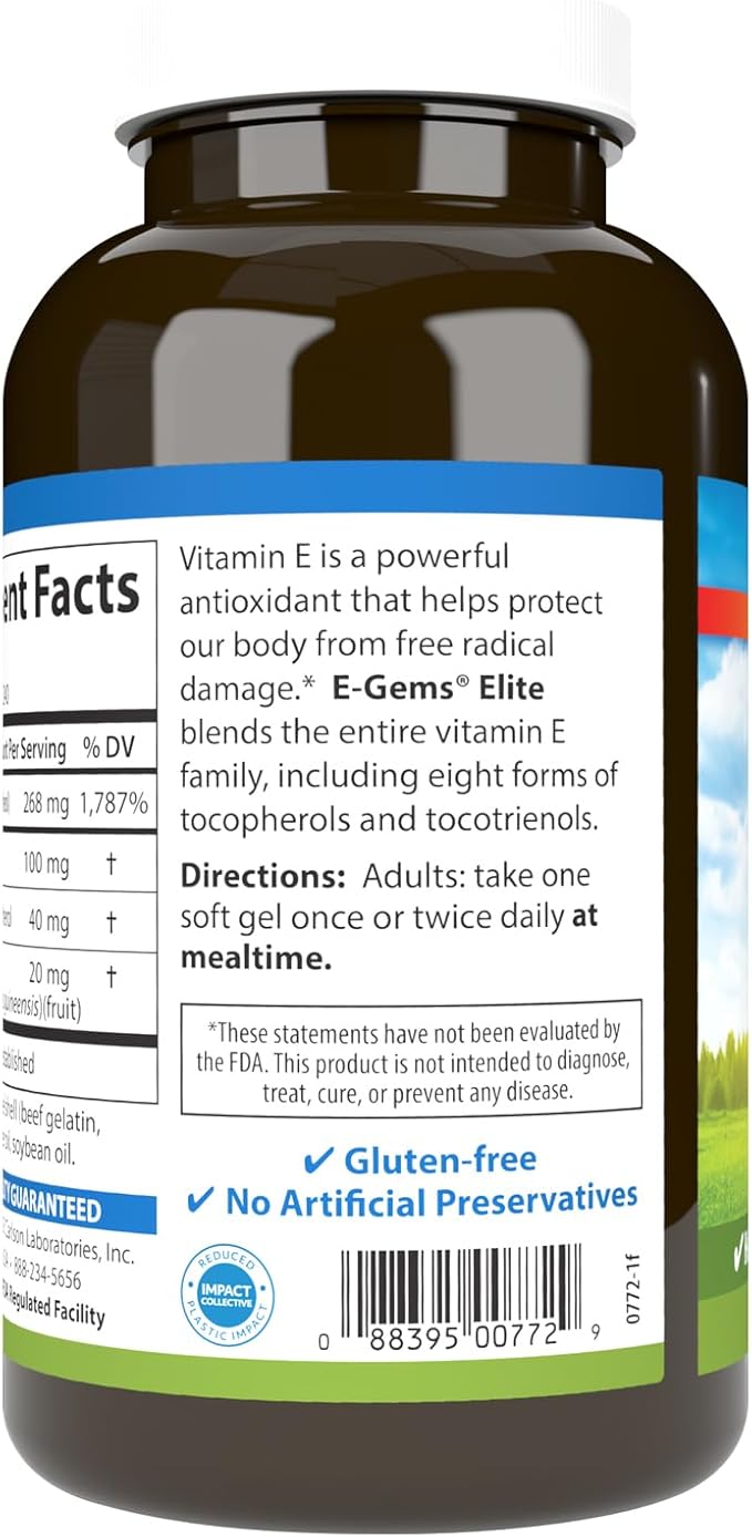 Carlson - E-Gems Elite, 400 IU Vitamin E with Tocopherols & Tocotrienols, Vitamin E Capsules, Heart Health & Optimal Wellness, Antioxidant, Vitamin E Supplement, 240 Softgels