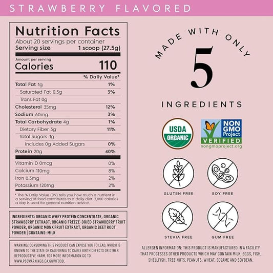 Truvani Organic Whey Protein Powder | Strawberry | 20g Grass Fed Whey Protein | 20 Servings | USDA Organic & Non-GMO | Gluten Free | No Gums, No Soy, No Stevia, No Added Sugars