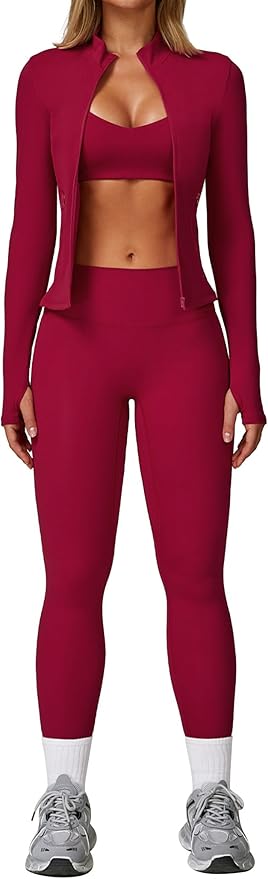 Workout Sets for Women 3 Piece High Waisted Seamless Leggings Crop Top Jacket Gym Yoga Outfit Stretchy Sports Bra Sets