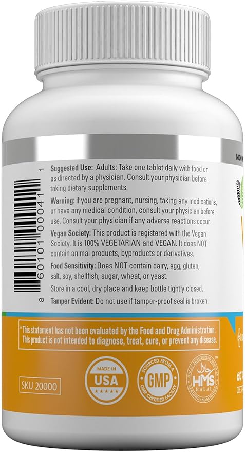 Vitamins Vegan Vitamin D2 2400 IU (60 MCG), Dietary Supplement for Bone, Teeth, Muscle and Immune Health Support, 2 Month Supply, All Natural, Certified Halal, 60 Tablets, Made in The USA