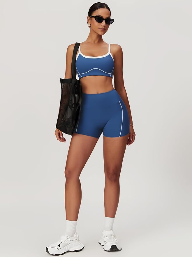 Workout Sets for Women 2 Piece Contrast Panel Sports Bra Tummy Control Butt lifting Shorts Jogger Outfits ﻿