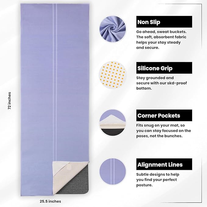 Yoga Grip Yoga Towel - Non Slip Hot Yoga Mat Towel With Corner Pockets, No-Skid Grip, and Built-in Alignment Lines | Soft, Moisture Wicking, and Sweat Absorbent | No Bunching, Stays in Place 72" x 25"