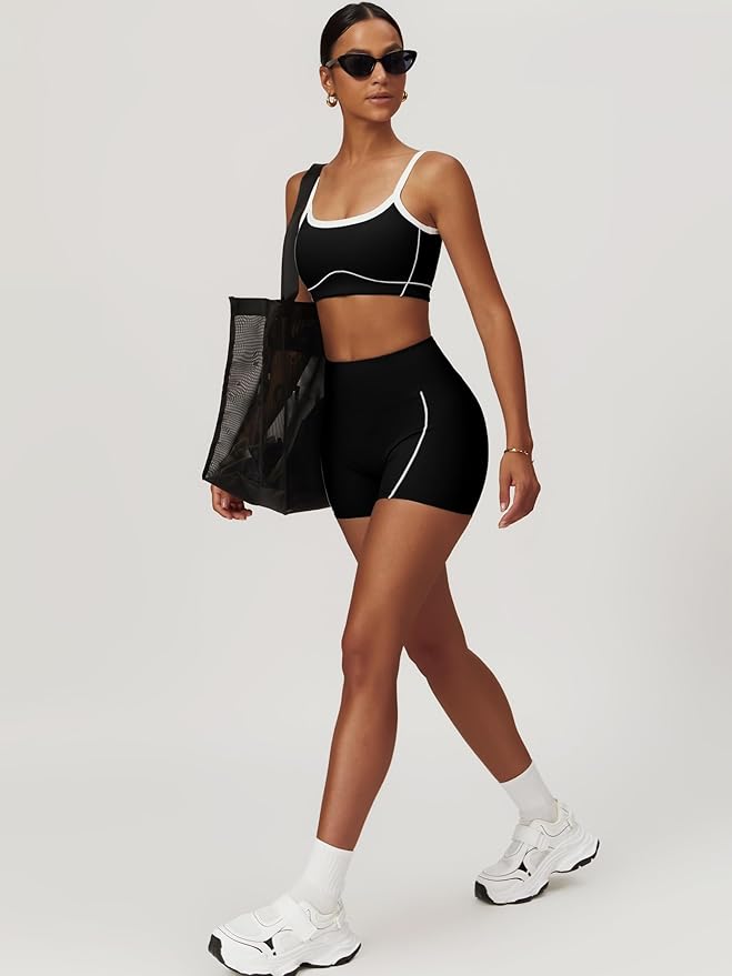 Workout Sets for Women 2 Piece Contrast Panel Sports Bra Tummy Control Butt lifting Shorts Jogger Outfits ﻿