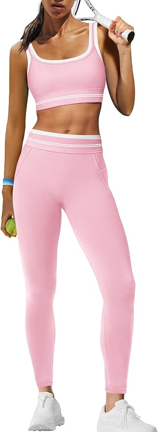 Panadila Womens Yoga Set 2 Piece Outfits Striped Workout Set Gym Matching Sports Bra and High Waist Leggings Activewear