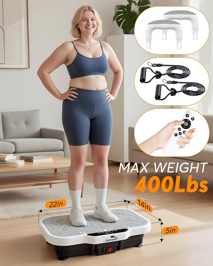 Vibration Plate Exercise Machine, 8000 Vibrations/min Adjustable Fitness Platform, 400 Lbs Capacity Whole Body Workout Extra Large Size Platform with Bluetooth for Weight Loss, Women & Men