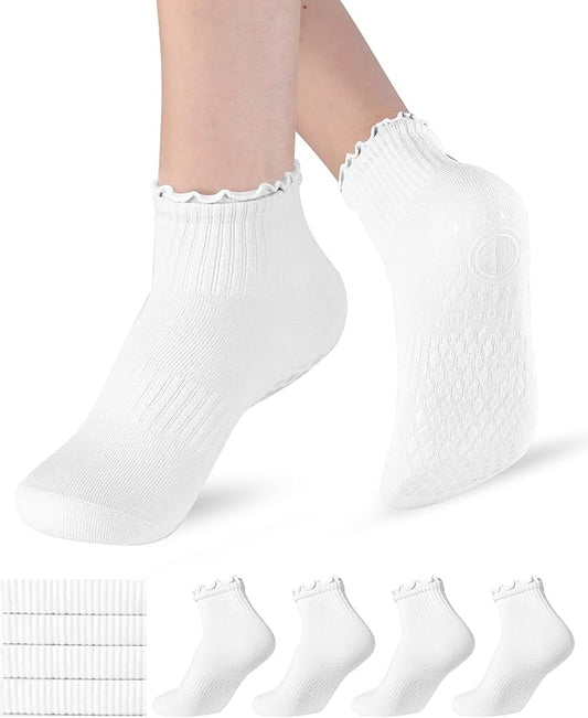 Non Slip Grip Yoga Socks for Women Breathable Cute Ruffle Ankle Socks for Yoga, Pilates, Barre Workouts