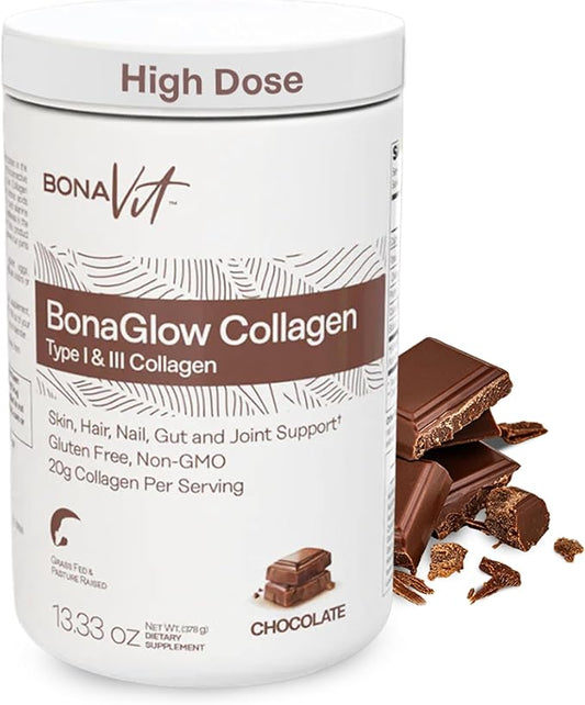 BonaGlow - Hydrolyzed Collagen Powder - Chocolate Flavor - 24 Servings - Type I & III with Vitamin C, Probiotics, and Digestive Enzymes - Skin, Nails, Hair - High Dosis of Collagen & Protein