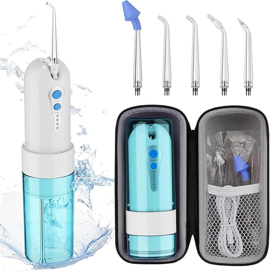 Water Dental Flosser for Teeth Cleaning and Flossing with Travel Size Case – Rechargeable Oral Irrigator, KOOVON Portable Water Flosser for Adults, IPX7 Waterproof, 5 Jet Tips & 4 Modes, Blue