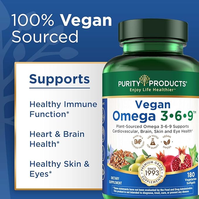 Purity Products Vegan Omega 3-6-9 Formula - “5 in 1” Essential Fatty Acid Complex - Scientifically Formulated Plant-Based Omega 3 6 9 Essential Fatty Acids (EFA) - 3 Month Supply - 180 Softgels