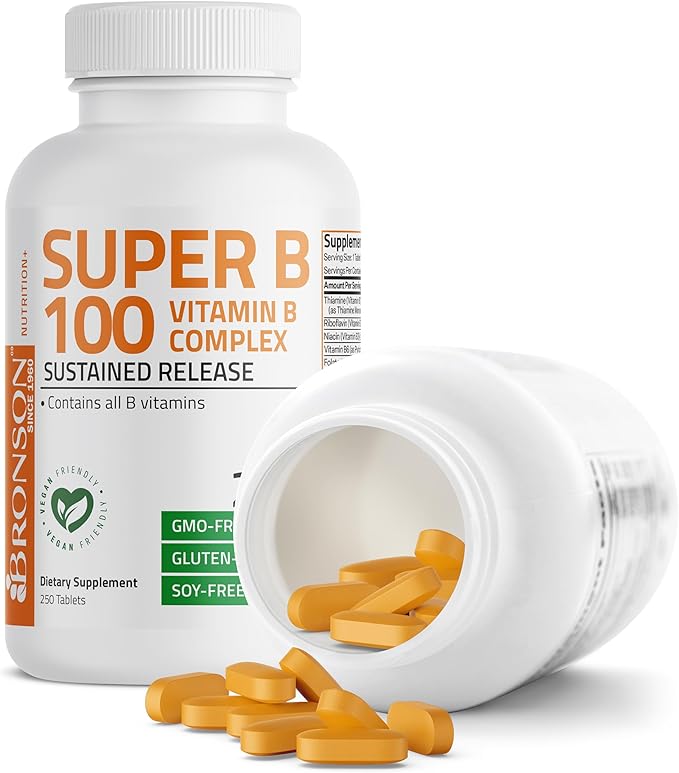 Bronson Super B 100 Vitamin B Complex Sustained Release Contains All B Vitamins (Vitamin B1, B2, B3, B6, B9 - Folic Acid, B12) Supports Energy Metabolism & Nervous System Health, Non-GMO, 250 Tablets
