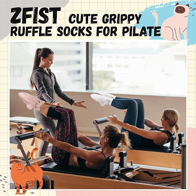 ZFiSt Pilates Socks with Grips for Women,4Pairs Ruffle Yoga Sock Cute Cotton Grippy Socks for Barre Workout Non Slip 5-10in