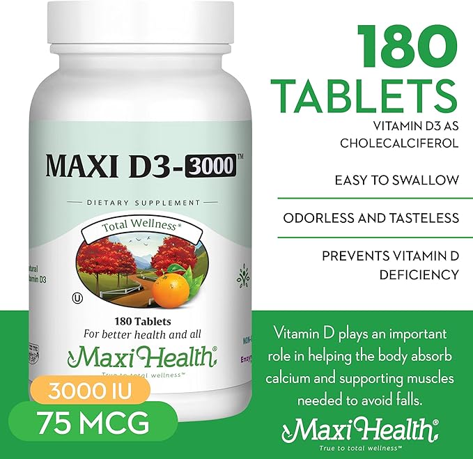Maxi Health Vitamin D3 3000 IU 75 mcg Vitamin D Supplement for Healthy Bones, Teeth, Immune Support - VIT D3 Supplement Easy to Swallow Non-GMO, Supplement for Men and Women – Kosher (180 Tablets)