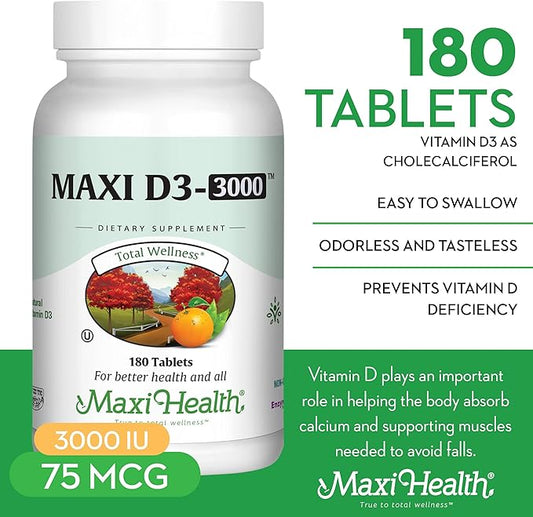 Maxi Health Vitamin D3 3000 IU 75 mcg Vitamin D Supplement for Healthy Bones, Teeth, Immune Support - VIT D3 Supplement Easy to Swallow Non-GMO, Supplement for Men and Women – Kosher (180 Tablets)