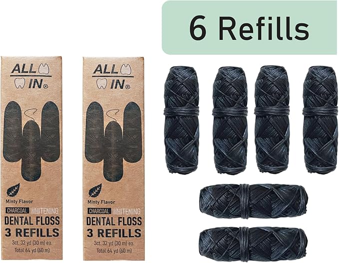 ALL IN Charcoal Floss Refills 6 x 32 Yds Each - Activated Charcoal Dental Floss Refills Only – BPA Free, Plant Based No PFAS Mint Floss for Plaque Removal, Fresh Breath (6)