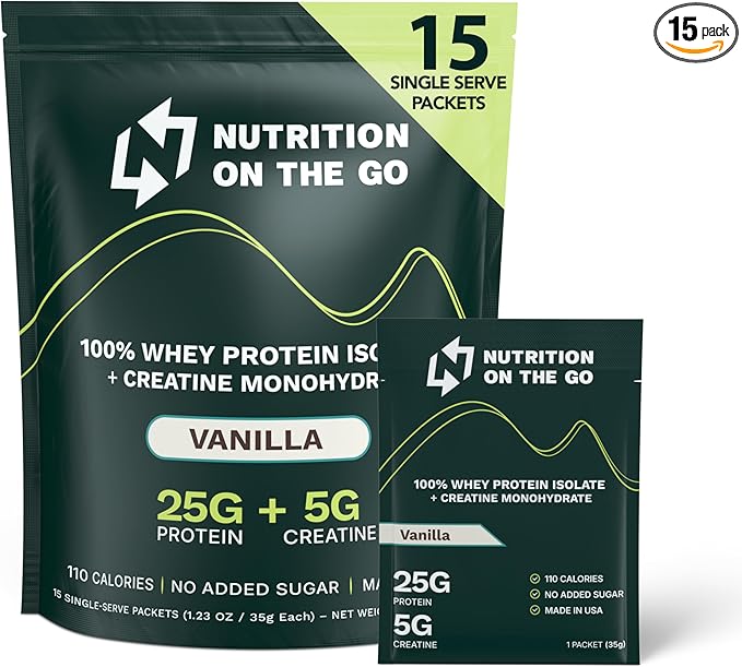 Nutrition On The Go Whey Protein Isolate Packets with Creatine – 25g Protein + 5g Creatine – Single-Serve Travel Protein Powder – Vanilla (15-Pack)