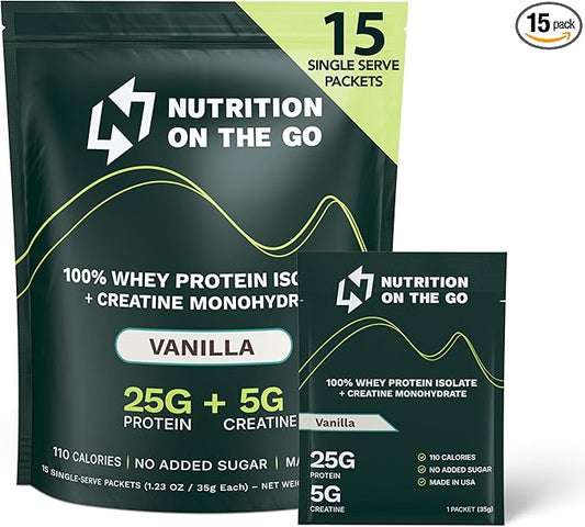 Nutrition On The Go Whey Protein Isolate Packets with Creatine – 25g Protein + 5g Creatine – Single-Serve Travel Protein Powder – Vanilla (15-Pack)