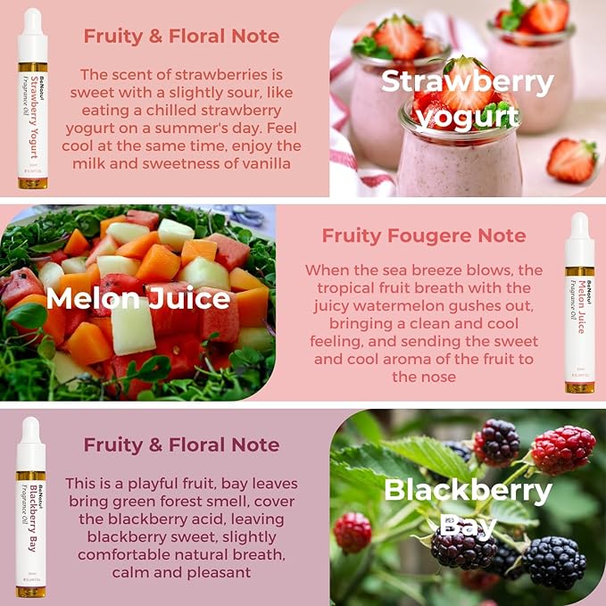 Benatu Summer Premium Fragrance Oils Set for Diffuser, Candle, Soap Making - Fruity Scents Aromatherapy Perfume Oil Gift for Home (Lime Basil, Cucumber, Peach, Strawberry, Melon, Blackberry Bay) 6 Pcs
