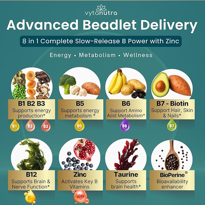 Plus B 11-in-1 Beadlet Capsule – Complete B-Complex with B1, B2, B3, B5, B6, B7, B9, B12 – Timed Release for Energy, Vitality, Brain, Heart, Immune, Mood, & Overall Wellness