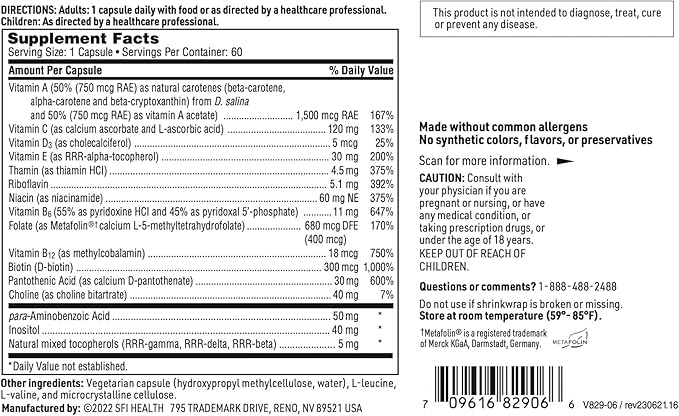 Klaire Labs SFI Health Multi-Vitamin Complex - Hypoallergenic Once-Daily Mineral-Free Multivitamin with Metafolin Folate, Vitamin B6 & B12 (60 Capsules)