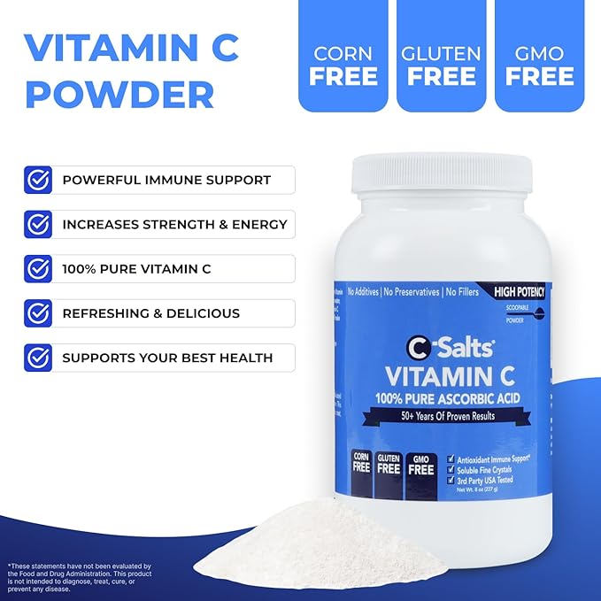 C-Salts Pure Ascorbic Acid Powder - High Dose 100% Pure Vitamin C Powder Supplement for Immune Support - Sugar-Free Powdered Drink with Soluble Fine Crystals, Organic, Corn-Free Non-GMO 8oz