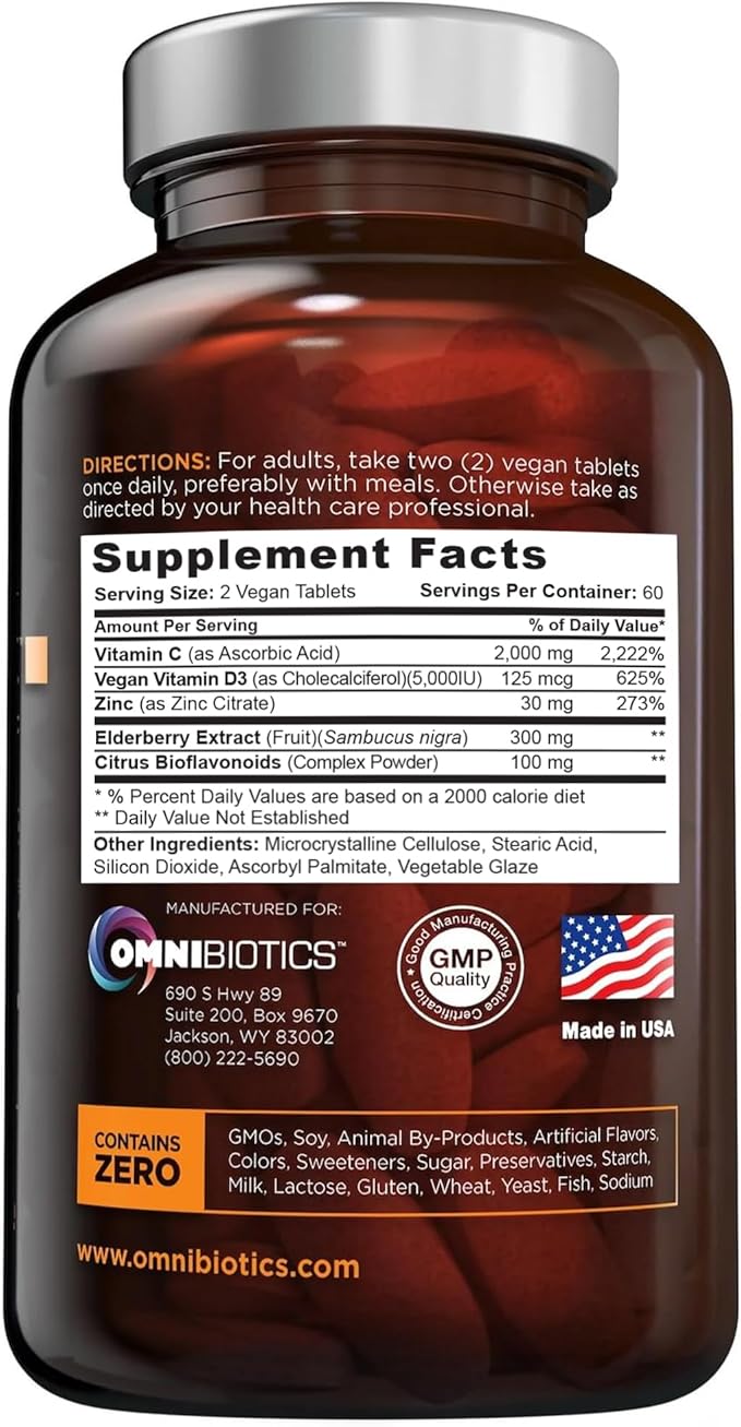 OmniBiotics Ultimate Vitamin C Supplement 2000mg – with Zinc, Elderberry Extract, and D3 – High Potency Immune Support & Collagen Booster – 120 Vegan Tablets