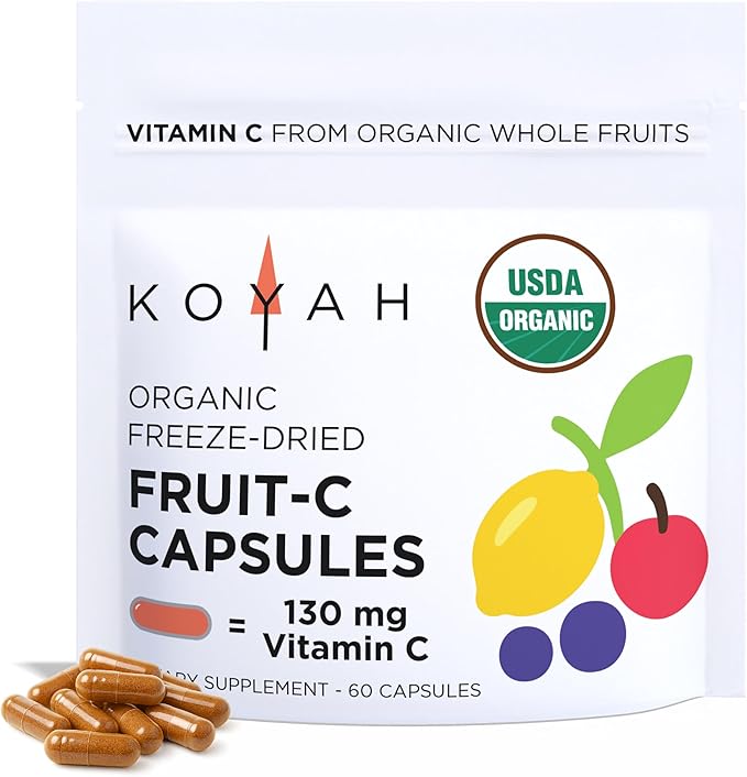 KOYAH Fruit-C - Organic Vitamin C Capsules - from Acerola Cherries, 100% Whole Fruits, 130 mg Vitamin C, Freeze-Dried, No Extracts - Whole-Food, Vegan, Non-GMO, 3rd Party Tested, 60 Capsules
