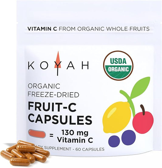 KOYAH Fruit-C - Organic Vitamin C Capsules - from Acerola Cherries, 100% Whole Fruits, 130 mg Vitamin C, Freeze-Dried, No Extracts - Whole-Food, Vegan, Non-GMO, 3rd Party Tested, 60 Capsules