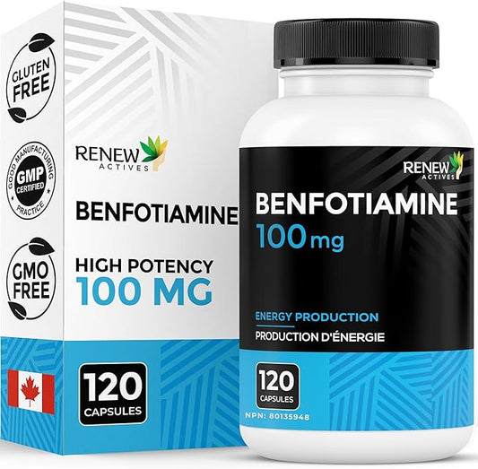 Renew Actives Benfotiamine 100mg – Supports Energy Production & Overall Wellness – Vegan, Non-GMO, Gluten-Free – 120 Capsules