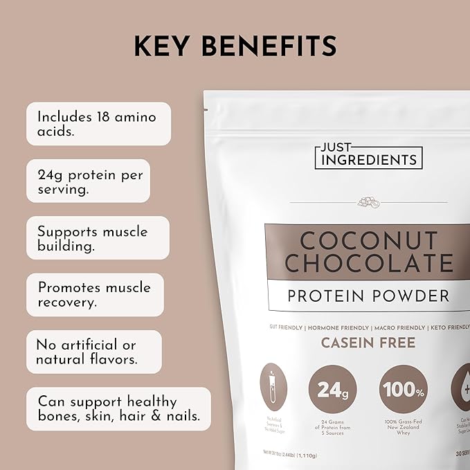 JUST INGREDIENTS Coconut Chocolate Protein Powder – 30-Serving Blend with 100% Grass-Fed Whey & Organic Plant Proteins – Creamy Coconut Cocoa Flavor – Supports Muscle Recovery, Energy*