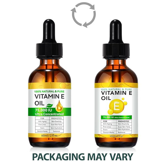 WHLH & WELL-BEING Pure Vitamin E Oil for Skin Face Hair Scars, Blend 75,000 IU, Moisturizing Dry Skin Winkles Hair and Scalp Pack of 1