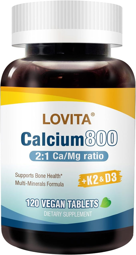 Lovita Calcium Citrate 800 mg with Magnesium, Vitamin D3 & K2, Bone Strength & Density Supplement for Women & Men, Supports Teeth, Immune Health, Gluten Free, Non-GMO, 120 Vegan Tablets