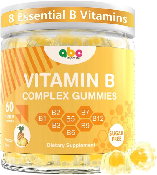 Vitamin B Complex Gummies for Adult Kid-Pineapple Flavor-Chewable Supplement with 8 Essential B Vitamins (B1, B2, B3, B5, B6, B7, B9, B12) Non GMO,Vegan 60 Count