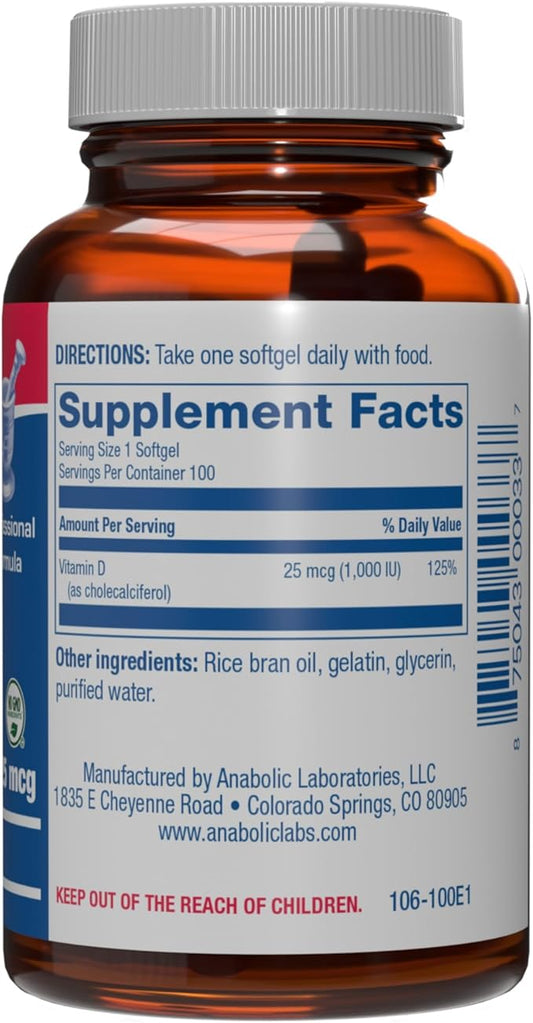 High Absorption Vitamin D3 1000IU - Clinical Formula Adult Vitamin D Supplement for Men and Women for Bone Teeth Muscle Mood and Immune Support - Easy to Swallow VIT D3 25 mcg - 100 Servings