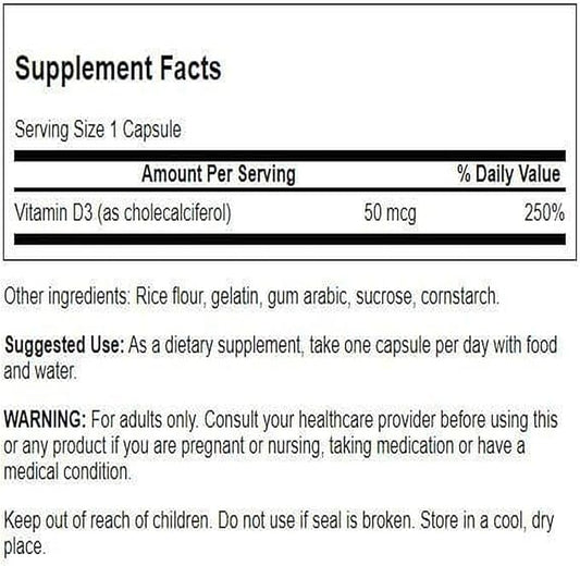 Swanson Higher Potency Vitamin D-3 2000 Iu - Sunshine Vitamin Bone, Immune Support (50 mcg) 250 Capsules