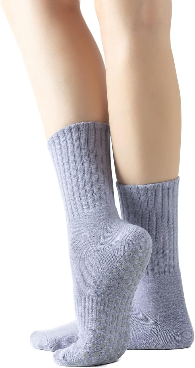 Yoga Pilates Socks with Grips for Women Non Slip Solid Colored Fleece Cushioned Mid Calf Crew Socks for Barre Ballet Dance