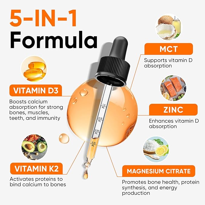 Venture Pal 5-in-1 Vitamin D3 10000 IU & K2 as MK-7 200mcg with Magnesium, MCT Oil, Zinc, Sugar-Free Vitamin D Liquid |Maximum Absorption for Bone, Mood & Immune Health - 2 FL OZ, 60 Days
