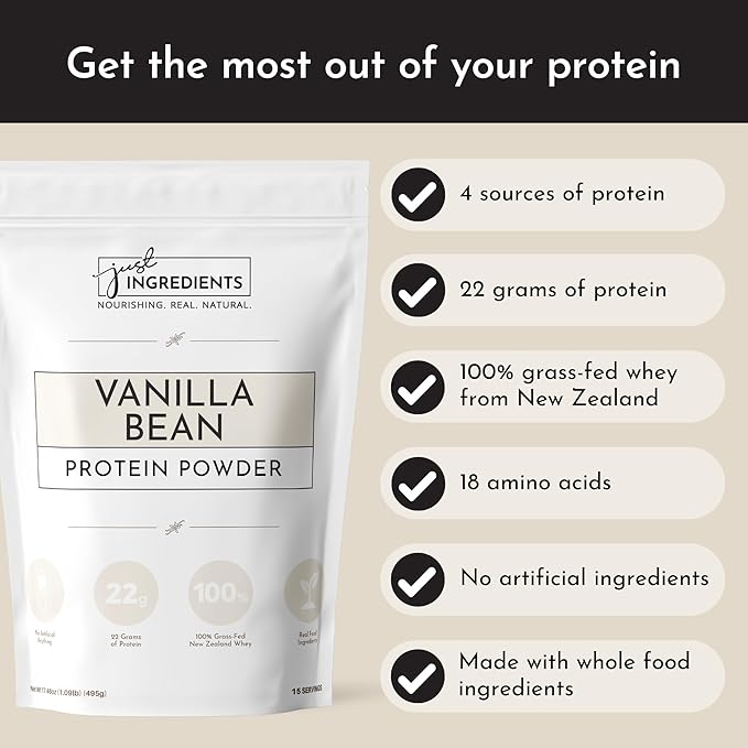 JUST INGREDIENTS Protein Powder | Vanilla Protein Powder Made with 100% Grass Fed, Non Denatured Whey | Four Different Protein Sources from Organic Whole Food Ingredients | 15 Servings | 22g Protein