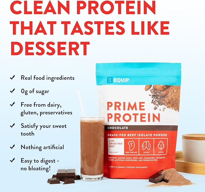 Equip Foods Prime Protein Powder | Clean, Grass Fed Beef Protein Powder | Carnivore Protein Isolate | Paleo, Keto Friendly | Gluten & Dairy Free | Helps Build & Repair Tissue | 30 Servings, Chocolate