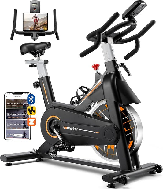 Exercise Bike, Wenoker Stationary Bike for Home, App Supported Indoor Bike with Silent Belt Drive, Heavy Flywheel, Multi-grips Handlebar and Upgraded Digital Display