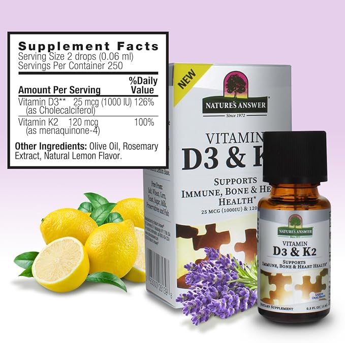 Natures Answer Vitamin D3 and K2, 0.5 oz - Liquid Extract Oral Drops - Supports Immune, Bone and Heart Health - in a Delicious Olive Oil, Rosemary Oil, and Natural Lemon Base
