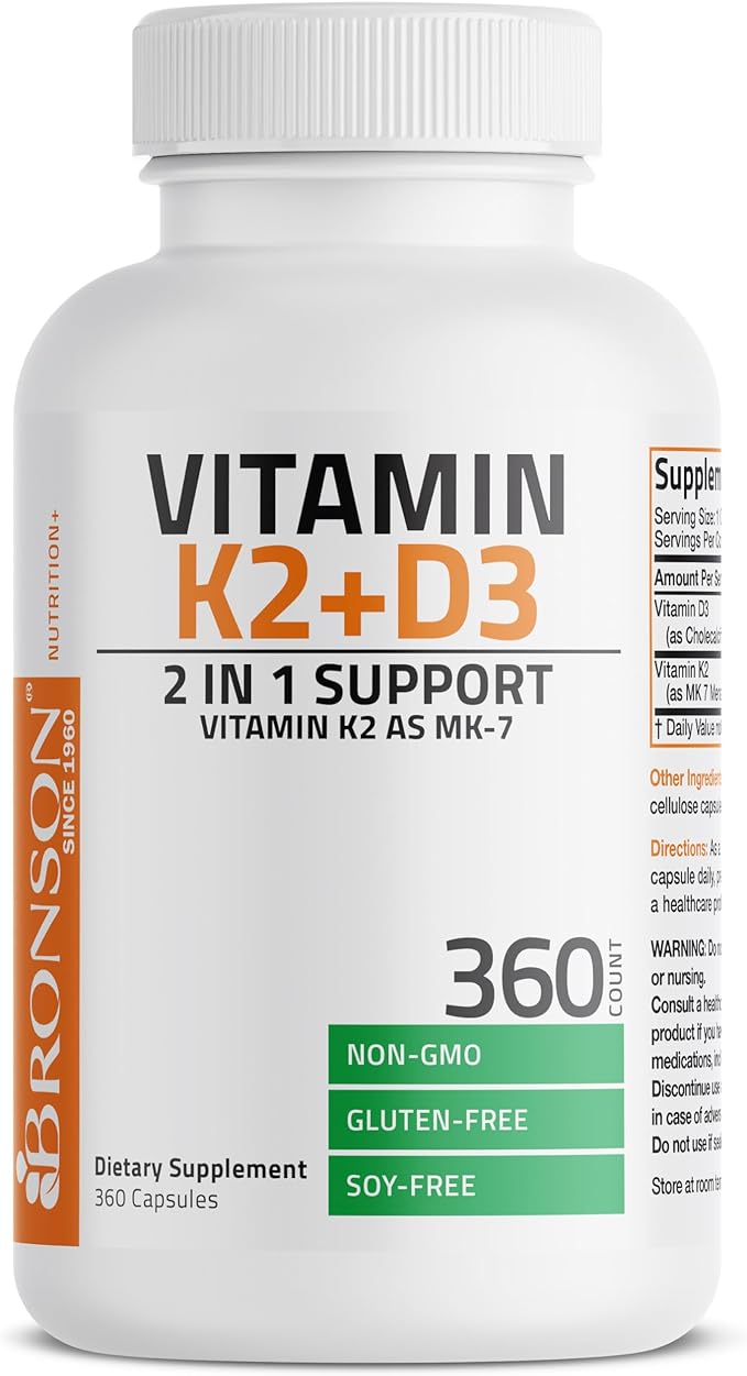 Bronson Vitamin K2 (MK7) with D3 Supplement Non-GMO Formula 5000 IU Vitamin D3 & 90 mcg K2 MK-7 Easy to Swallow D & K Complex, 360 Capsules