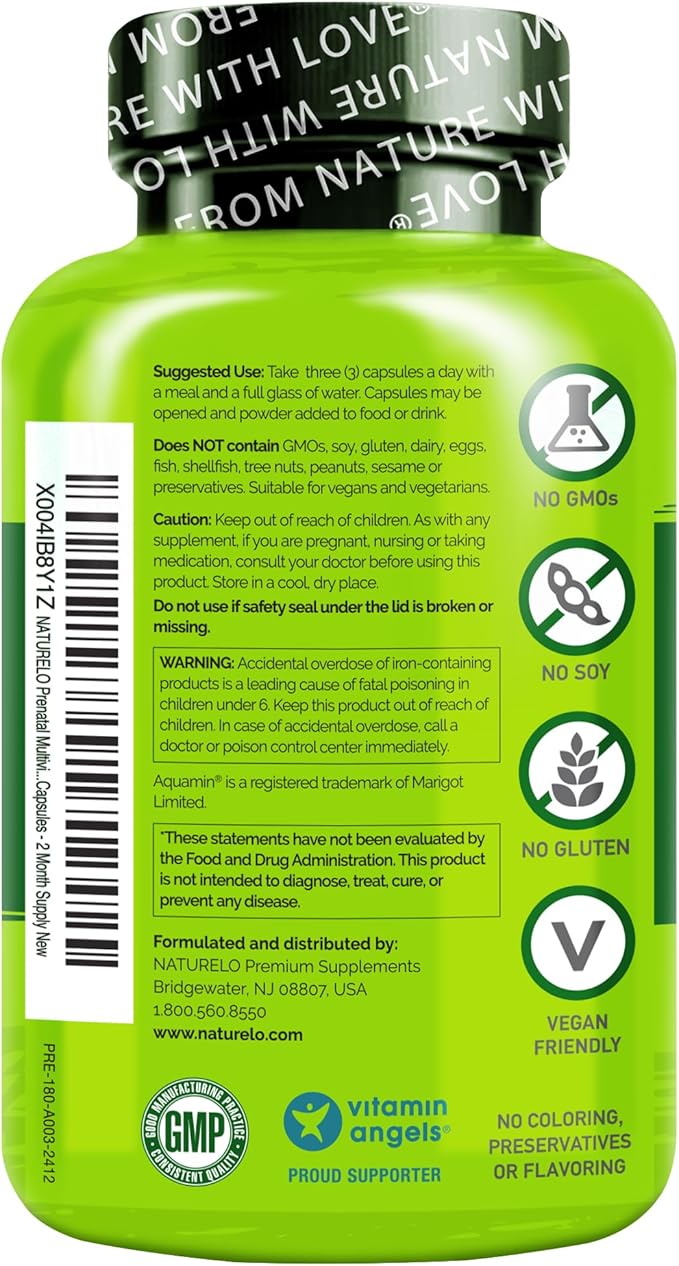 NATURELO Prenatal Multivitamin with Gentle Chelated Iron, Methyl Folate, Plant Calcium & Choline - Vegan, Vegetarian - Non-GMO - Gluten Free - 180 Capsules - 4 Month Supply (Pack of 2)