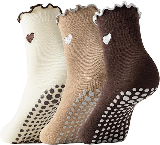 3 Pairs Pilates Socks with Grips Non-slip Ruffle Cute Heart Yoga Grip Sock for Women