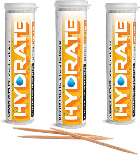 Xero Picks Hydrate - Electrolyte Flavored Toothpicks -60 Picks-Variety 3 Pack - Fruit Punch - Sodium, Potasium, Magnesium, Calcium