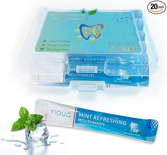 Portable Travel Mouthwash Packets – 20 Count Mint Oral Rinse Strips in Reusable Box, Alcohol-Free Single-Use Mouth Freshener for On-The-Go, Office, Airplane & Road Trips