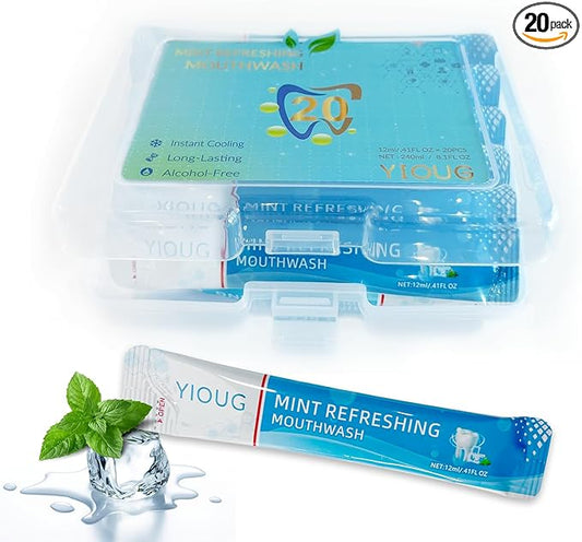 Portable Travel Mouthwash Packets – 20 Count Mint Oral Rinse Strips in Reusable Box, Alcohol-Free Single-Use Mouth Freshener for On-The-Go, Office, Airplane & Road Trips